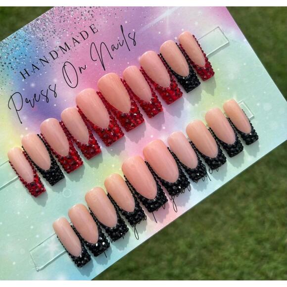 Long and medium square press on nails black red French tip rhinestones handmade